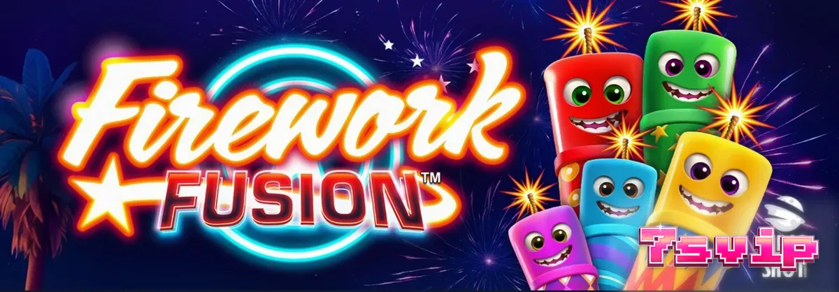 Tampilan layar permainan slot Firework Fusion dengan latar belakang karnaval pantai saat senja.